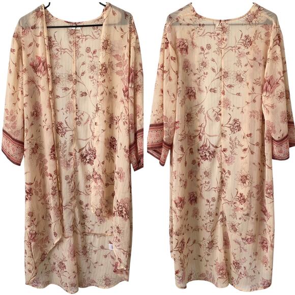 MAURICES Floral Kimono Sheer Open Front XL Cream Mauve Pink Boho Lightweight - Picture 1 of 6